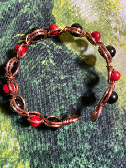 Black Obsidian/Red Turquoise Bead Bracelet