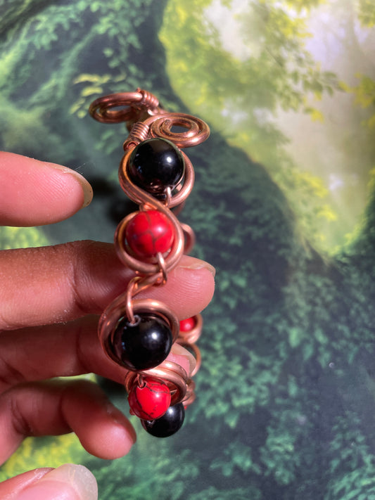 Black Obsidian/Red Turquoise Bead Bracelet