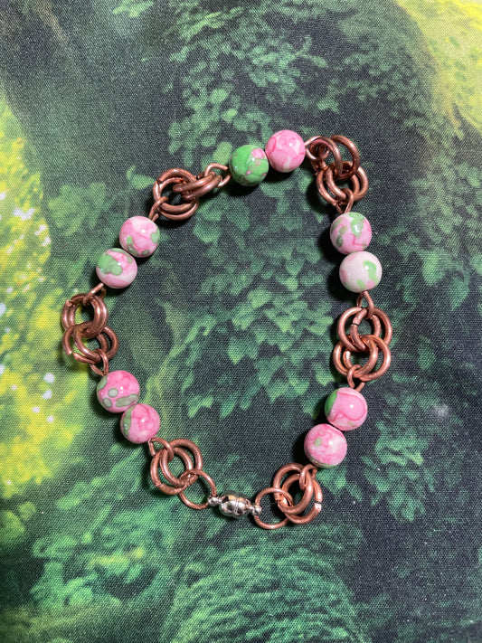 Pink-Green Rainflower Bead/Chainlink Bracelet 8in