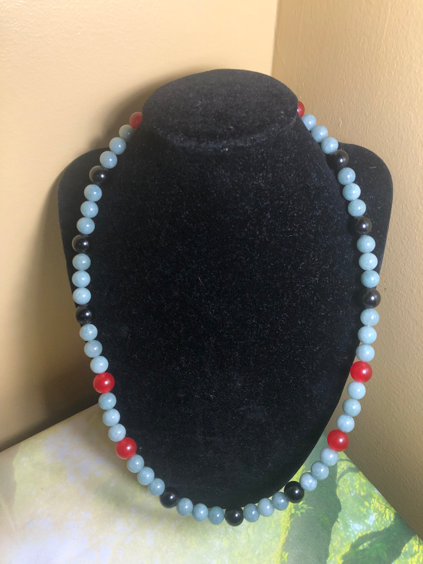 Black Obsidian10mm/Carnelian10mm/Burmese Jade8mm Necklace
